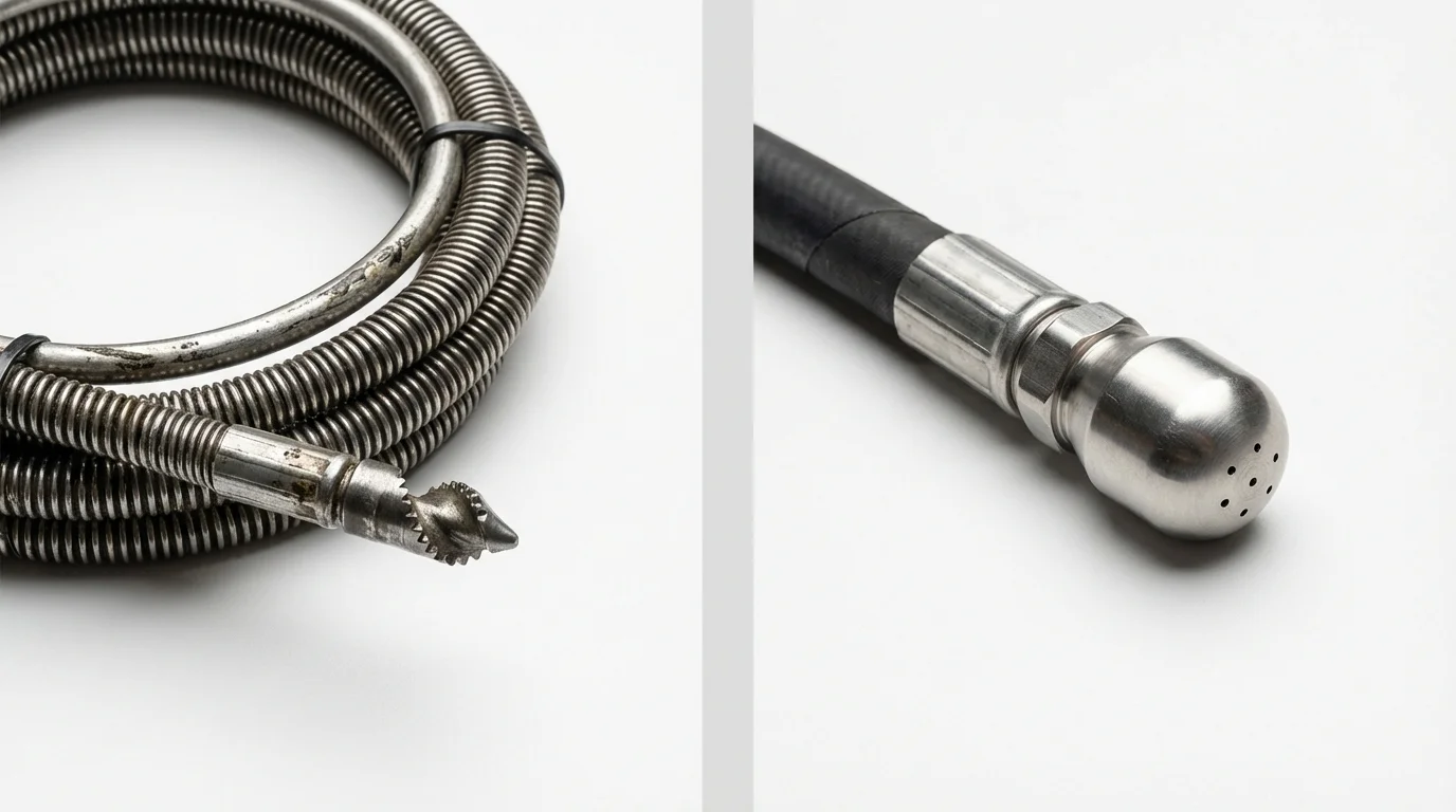 Drain snake cable and hydro jetting nozzle used for drain cleaning in Trenton, TN