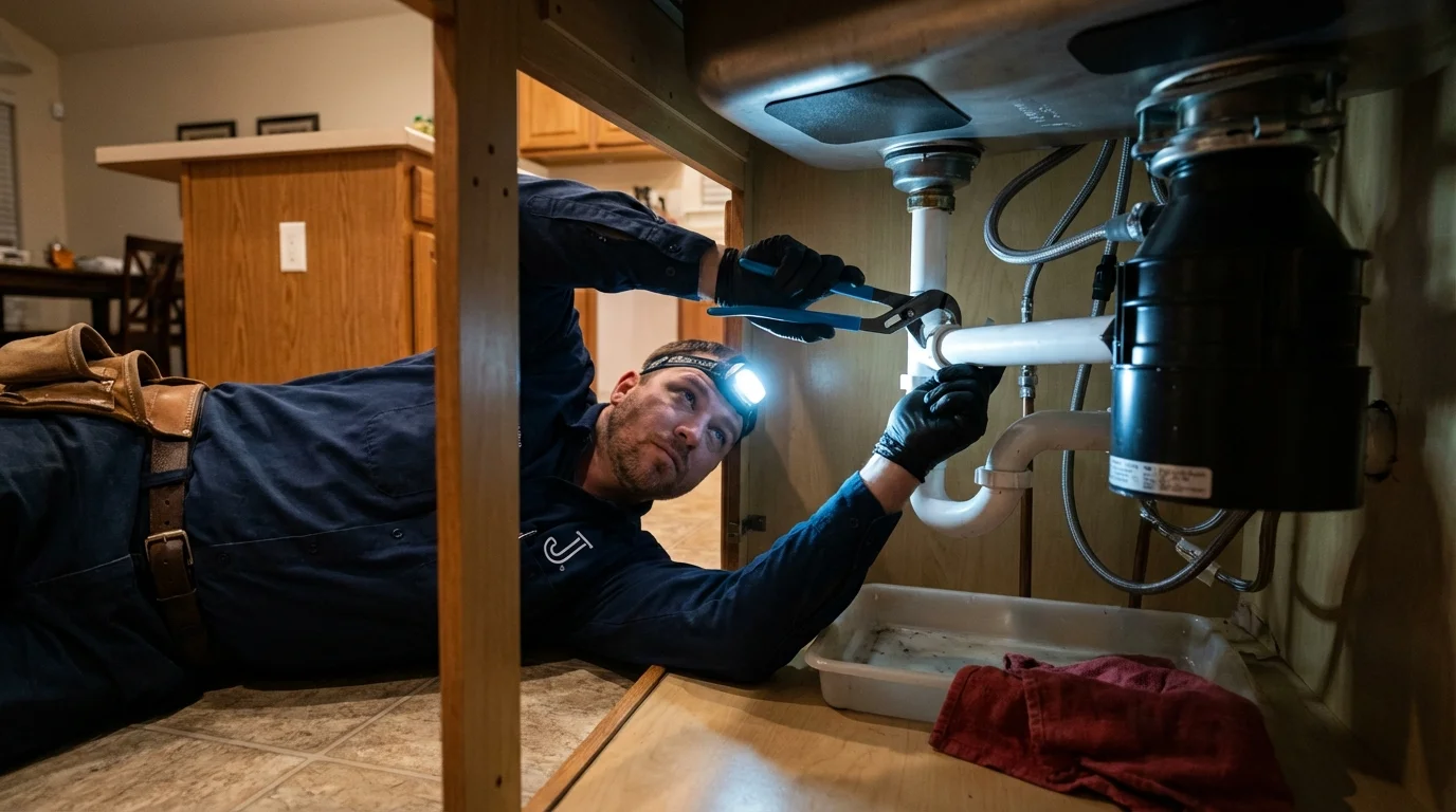 P-trap and supply line connections under a kitchen sink showing a common leak point in Trenton, TN